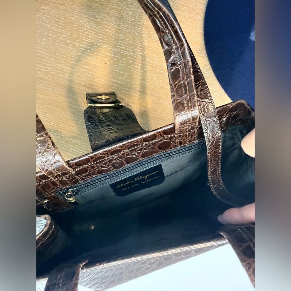 Vintage Salvatore Ferragamo Brown Croc Top Handle 2-Way Bag w/ Strap - Picture 12 of 14